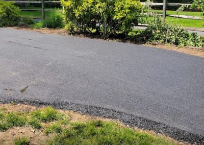 Freshly paved asphalt driveway surrounded by grass and bushes, creating a picturesque scene straight out of a paving gallery.