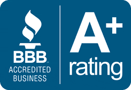 BBB Accredited Business logo with an A+ rating on a blue background.
