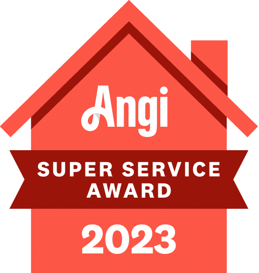 Red house icon with "Angi Super Service Award 2023" written across it in white and red text.