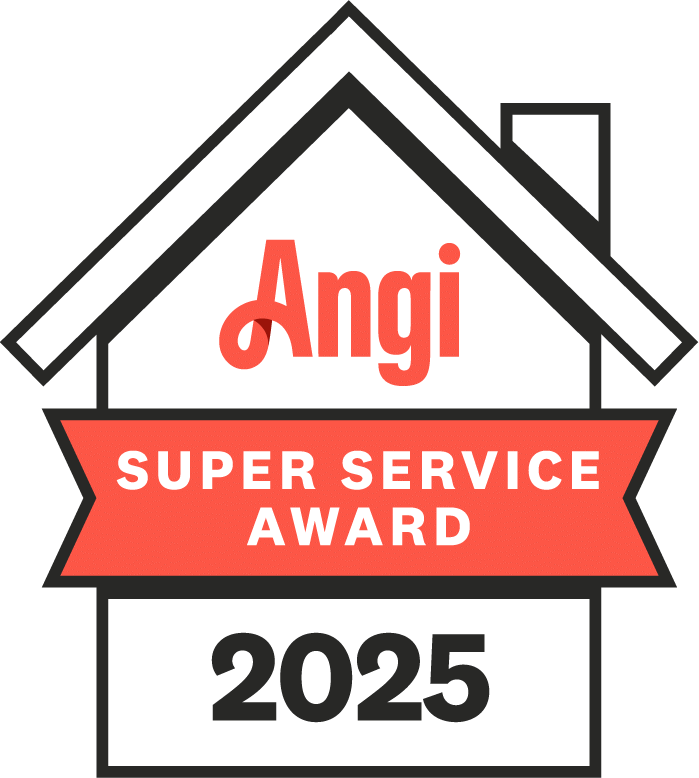 Angi Super Service Award 2025 logo shaped like a house with a red banner across the middle.