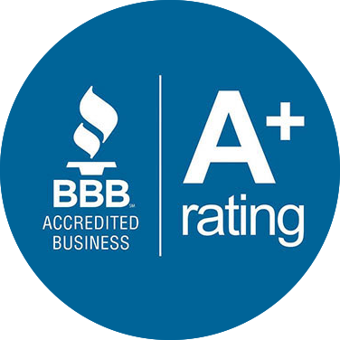 BBB Accredited Business logo with "A+ rating" in white text on a blue circular background.