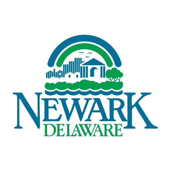 Newark Delaware logo with buildings, trees, water waves, birds, and a rainbow above the city name.