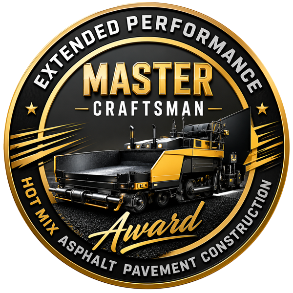 Gold and black badge for "Master Craftsman Award" in hot mix asphalt pavement construction.