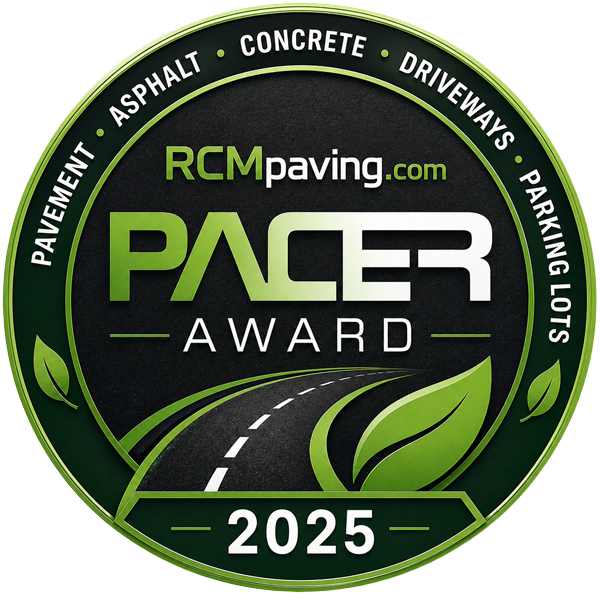 Circular RCM paving PACER Award 2025 badge with road and leaf graphics, listing paving services.