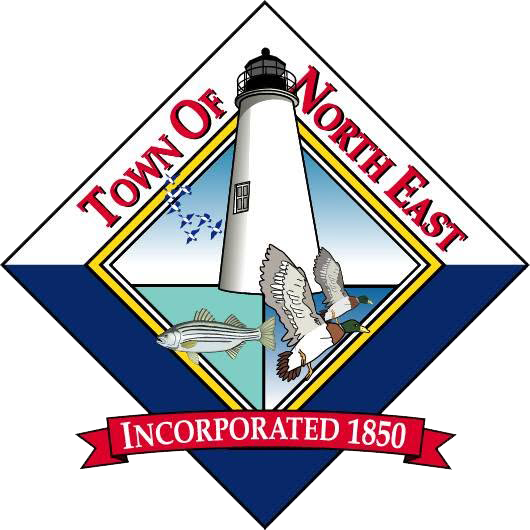 Town of North East logo with a lighthouse, fish, ducks, and a banner reading "Incorporated 1850.
